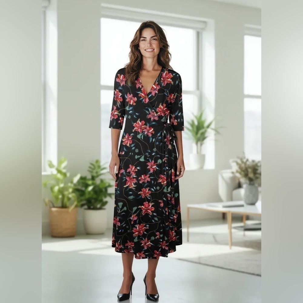 INC XL black floral v-neck stretchy wrap midi dress Flowers 3/4 sleeves Belted